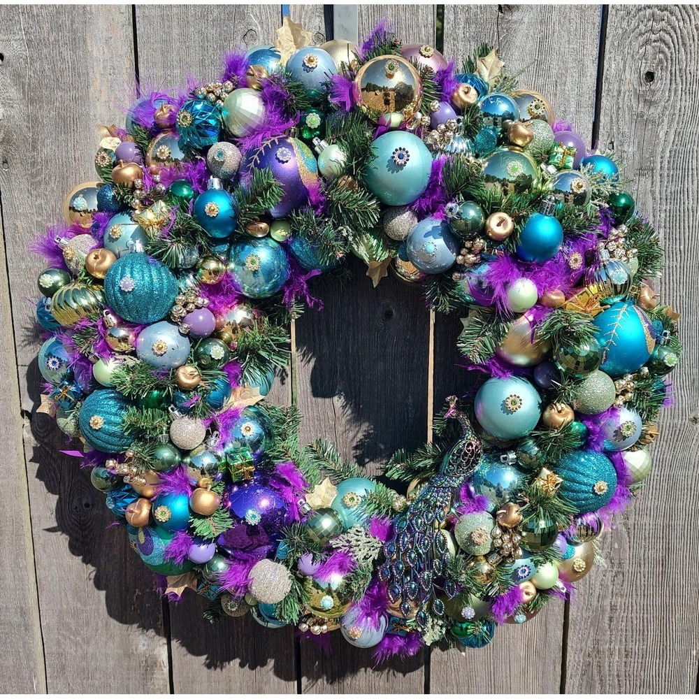 Christmas Ornament Peacock Wreath OOAK Handmade 23" Upcycled Holiday Decor